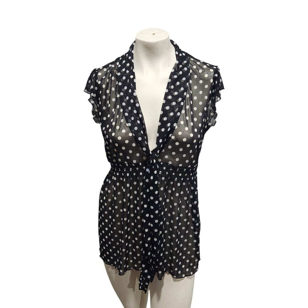 Lashes XL Black White Polka Dot Sheer Blouse Boho Babydoll Tie Front Top